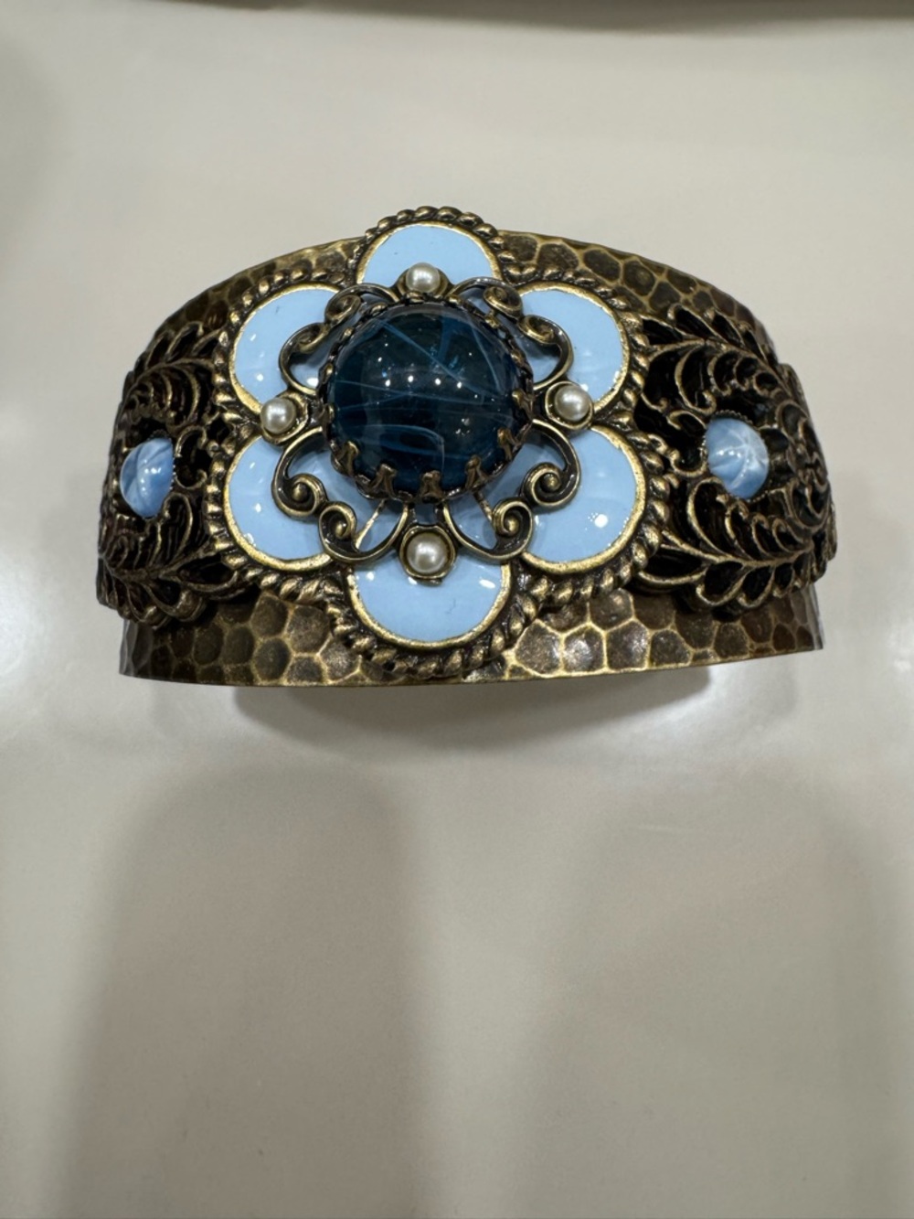 Antique Brass Cuff Bracelet with Blue Glass Flower